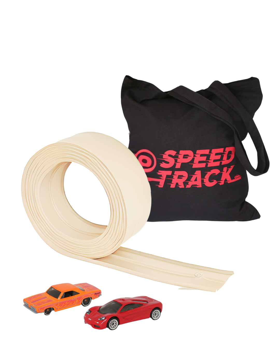 Roll of beige track tape with two toy cars and a black tote bag labeled 'Speed Track' on a white background.