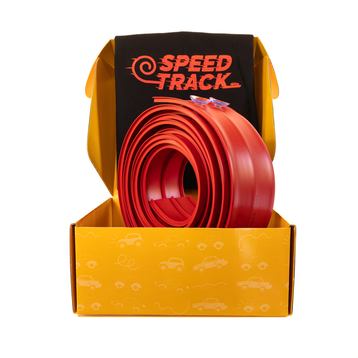 Red 'Speed Track' exercise band in a yellow box on a white background