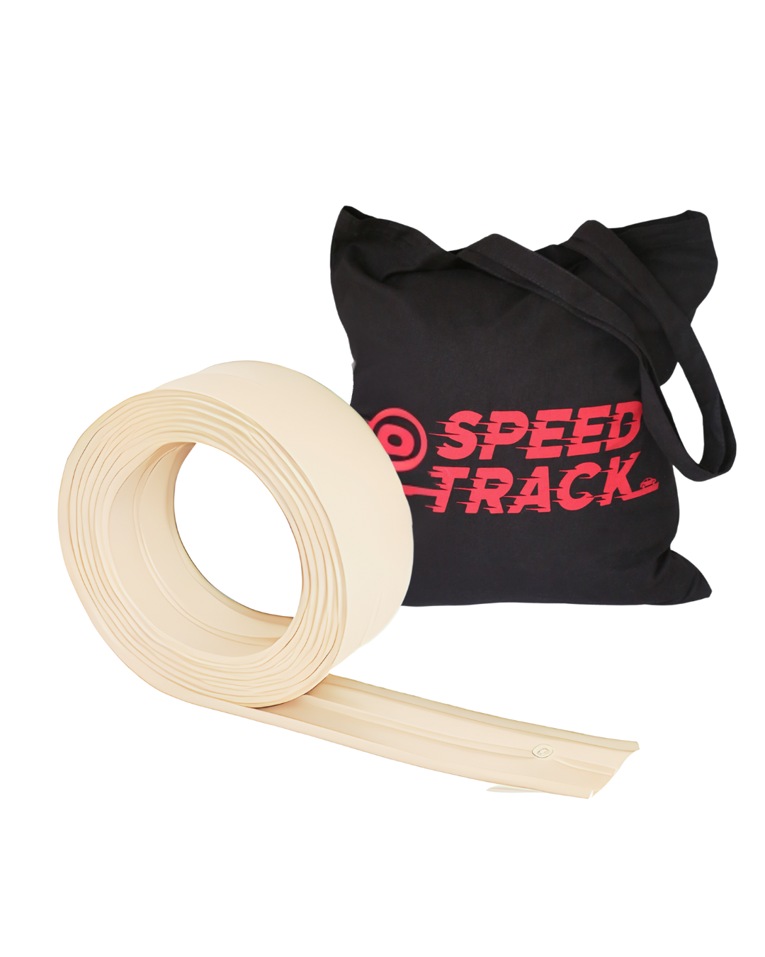 Roll of beige tape next to a black bag with 'Speed Track' text on a white background