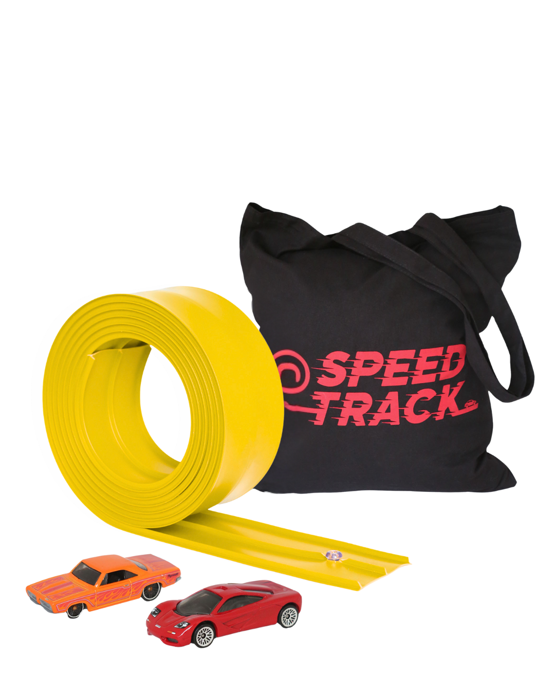 Yellow track set with two toy cars and a black tote bag labeled 'Speed Track' on a white background.